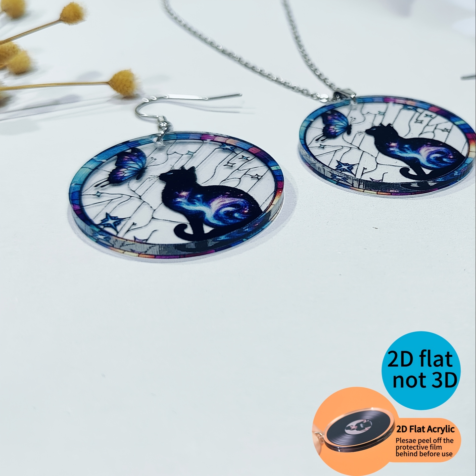 Colorful Cat and Butterfly Print Men's Dangle Earrings